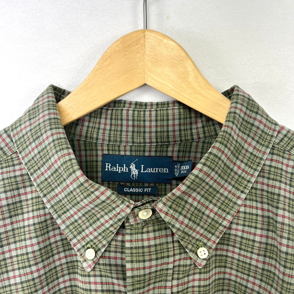 Vintage 90s Ralph Lauren Shirt 3XB Classic Fit Big Green Red Plaid Long Sleeve